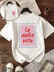 Slim-Fit Short-Sleeved Solid Color Round Neck T-Shirt For Women, Playful Print With The Slogan "La Dolce Vita", 100% Cotton, Casual For Everyday And Leisure, Streetwear, Y2K Style, Beach, Shades, Holiday, Summer, Spring, T-Shirt, Sport, Party, Blouse, Vintage, Carnival, Valentine's Day, May, Women's Tops, Spring Outfit, Jersey, Women's Winter Clothing, Summer, Playful T-Shirt, Holiday, Beach, Casual, Cute Tops, Black Top, White Top, Spring Top, Easter Clothing For Women, All Year Round, Office/Lounge/Home/Minimalist, Preppy Style, Western Style, Outfit, American Retro Style, Sexy, Outerwear, Autumn, Soft And Comfortable, Valentine's Day, Carnival, Summer Top, Artistic, Shades, Music Festival, White Top, Summer T-Shirt. - White - View 11