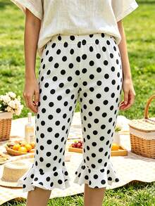 Womens Summer Knee Length Leggings Slim Fit Stylish Dot Print Ruffled Trim Mid Rise Capri Pants - Blanco - Ver 2