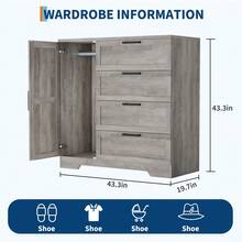Armario de Almacenamiento de 43.3 Pulgadas con 4 Cajones y Puerta, Armario de Madera para Ropa con Varilla Colgante, Ideal para Dormitorio y Sala de Vestir - Gris - Ver 2
