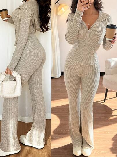 (Breathable And Lightweight)Women's Casual Two-Piece Set With Pockets Hooded Zip-Up Waist Jacket And Ribbed Flared Pants