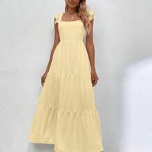 Solid Shirred Detail Ruffle Hem Dress Maxi Vacation Beach Outfits Women - Mostaza Amarilla - Ver 1