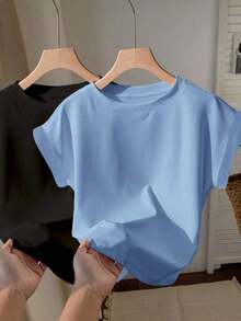 2 piezas de camisetas de manga corta con cuello redondo y hombros caídos, ligeramente transparentes, adecuadas para el verano - Multicolor - Ver 9