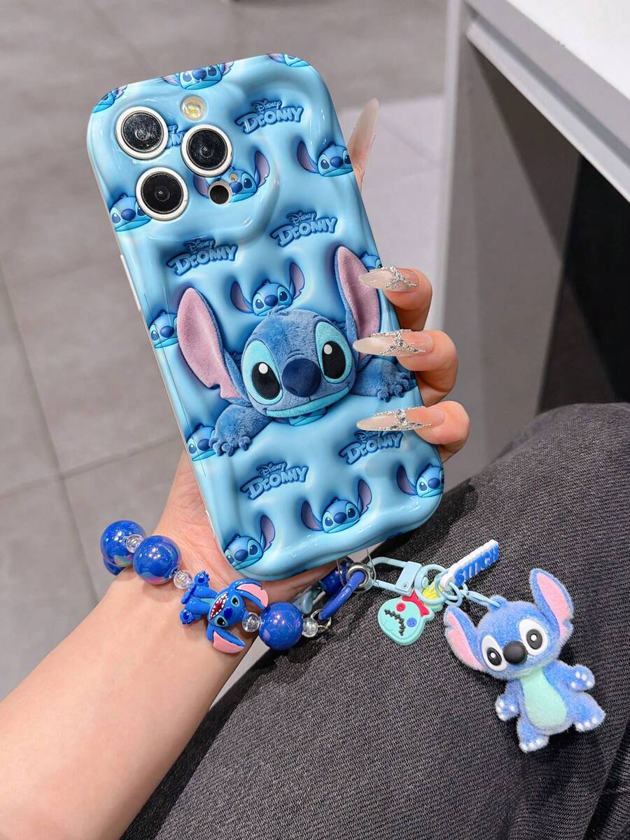 Disney Has Authorized, Phone Case - Chain Set, The Stitch Lilo & Stitch 3D Phone Case Plus A Silicone 3D Stitch Bracelet With Metallic Ring Removable Bracelet, Stitch And Angel Pattern, Compatible With Iphone17/16/15/14/13/12/11/XS/XR/X Plus Pro Max, A Stylish Cartoon Phone Case, The Perfect Gift Choice, Phone Protection, Durable Phone Cover, Great Gift For Friends And Family. - 白色 - 查看 1