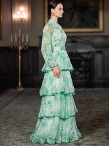 Robe longue élégante et moderne pour femmes, col Mao, imprimé floral romantique, manches longues, design superposé, taille affinée, évasée. Imprimé intégral, élégant et conservateur, décontracté, volants à l'ourlet, fermeture par boutons. Pas de tenue de soirée formelle, idéale pour les vacances. - Vert - Voir 5