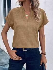 Camisa casual de mujer de manga corta con cuello entallado de unicolor, para verano - Camel - Ver 6