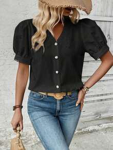 Camisa casual de mujer de manga corta con encaje de contraste - Negro - Ver 3