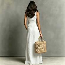 2026 Summer Women's Linen Solid Color Lapel Sleeveless Casual Long Dress - Đỏ - Xem 5