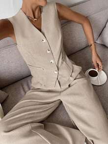 Conjunto de chaleco y pantalones casuales y de uso diario para mujer en otoño/invierno - Caqui - Ver 6