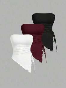 Top bustier de múltiples piezas con pliegues en la cintura atados a los lados, top tubo con estampado retro, top de otoño, top para salir, top de tirantes marrón - Burdeos - Ver 12