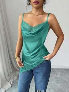 Camiseta de satén asimétrica elegante y sexy con dobladillo de encaje para mujer - Verde - Ver 4