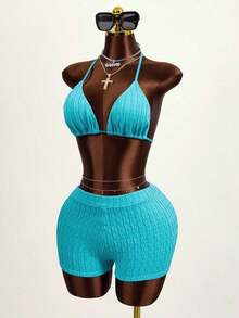 2 piezas Conjunto de bikini de unicolor con textura, tipo halter, adecuado para vacaciones de verano en la playa - Azul 2 - Ver 8