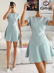 Vestido corto casual de mujer con cuello redondo y mangas cortas, vestido corto casual de manga corta, vestido corto casual de verano, vestido de mujer de nueva llegada a rayas - Verde - Ver 1