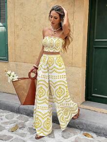 Frenchy Conjunto de 2 piezas de top tubo corto y pantalones de pierna ancha con estampado de plantas para vacaciones de mujer - Amarillo - Ver 5