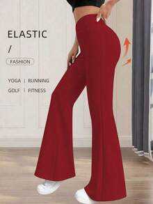 Pantalones acampanados de cintura alta de unicolor para mujer de talla pequeña, color negro, para primavera - Rojo - Ver 3