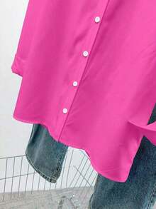 Camisa casual de mujer de un solo pecho de manga larga con hombros caídos y unicolor - Rosa Fucsia - Ver 4