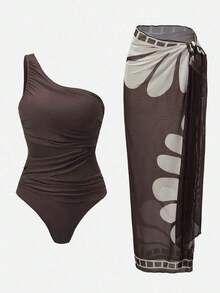 Traje de baño de una pieza con pliegues de unicolor con pareo y falda a juego, perfecto para vacaciones - Multicolor 2 - Ver 1