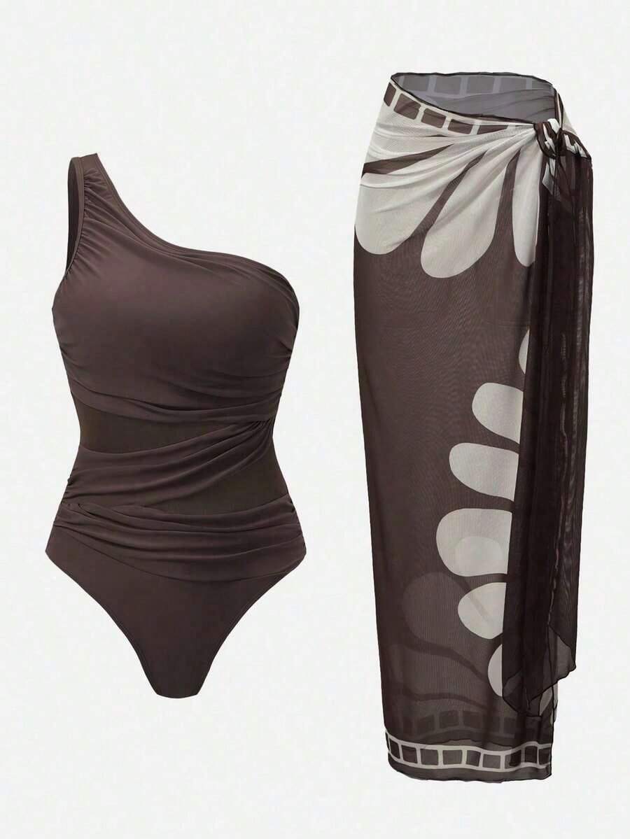 Traje de baño de una pieza con pliegues de unicolor con pareo y falda a juego, perfecto para vacaciones - Multicolor 2 - Ver 1
