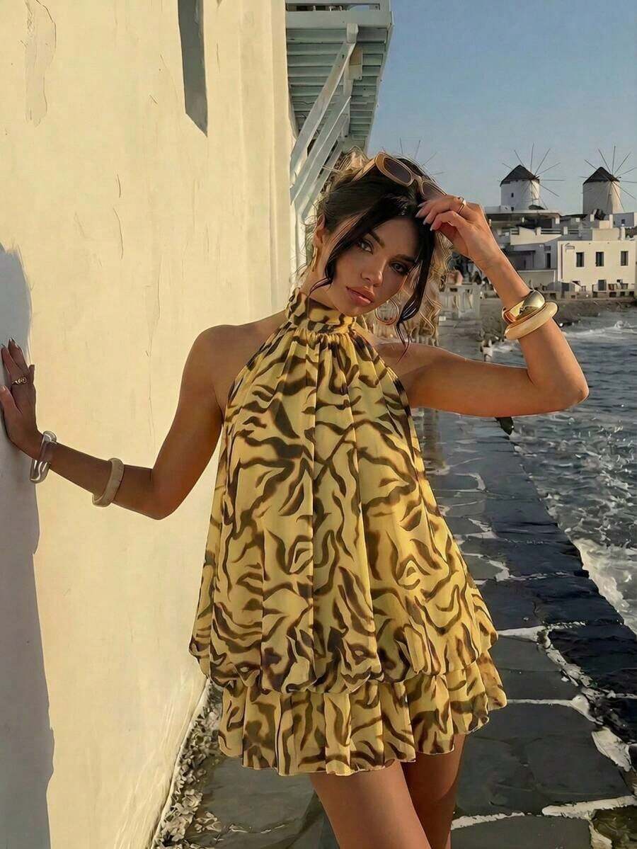 Vestido mini elegante de mujer con estampado de lunares y escote halter sin espalda - Multicolor - Ver 1