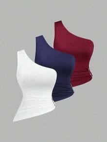 Conjunto de blusa con cuello asimétrico, un solo hombro y decoración de hebilla metálica, adecuado para vacaciones en la playa - Multicolor 7 - Ver 1