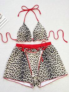 Conjunto de bikini de 3 piezas con parte superior de atar al cuello, estampado de lunares y shorts, con volantes, para mujer, para playa de verano - Multicolor 2 - Ver 4