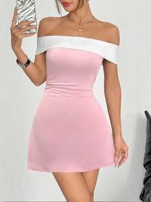Vestido corto ajustado de mujer con hombros descubiertos, unicolor y parche - Rosa Pálido - Ver 3