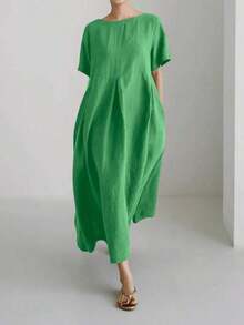 Vestido de lino suelto, casual, elegante y cómodo para mujer.Vestido largo suelto de manga corta, con bolsillo, cuello redondo y unicolor.Ajuste relajado para el verano - Turquesa - Ver 5