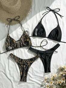 Conjunto de traje de baño de 4 piezas con cuentas marrón y a rayas, para primavera/verano 2026, conjunto de bikini de alta gama para resort de playa - Multicolor 11 - Ver 2