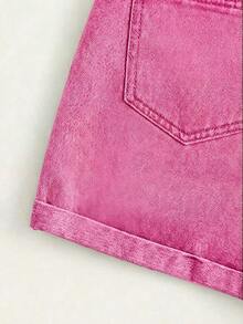 Shorts vaqueros de tiro alto enrollados para verano - Rosa - Ver 4