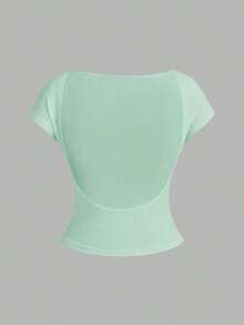 4 piezas Camisetas de mujer de cuello redondo, ajustadas, con espalda descubierta y diseño minimalista de patrones, adecuadas para el verano - Multicolor 8 - Ver 3