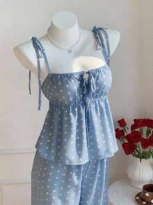 Conjunto de 2 piezas de top tipo camisola con hombros retorcidos y estampado de lunares, y pantalones de pierna ancha, para mujer, estilo casual de verano, retro y de playa - Azul - Ver 7