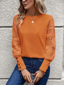 Blusa de mujer con mangas de encaje floral, parches y tejido de gofre, color blanco - Naranja Quemada - Ver 6