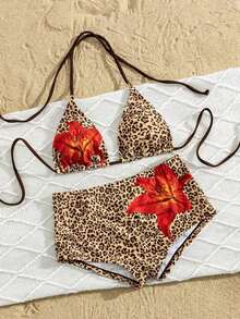 Traje de baño con estampado floral de moda: Top de bikini tipo camiseta con estampado de loto negro + Bottom de traje de baño de talle alto - Conjunto de traje de baño elegante y cómodo para vacaciones de verano, playa y uso en resort en color rojo - estampado de leopardo - Ver 4