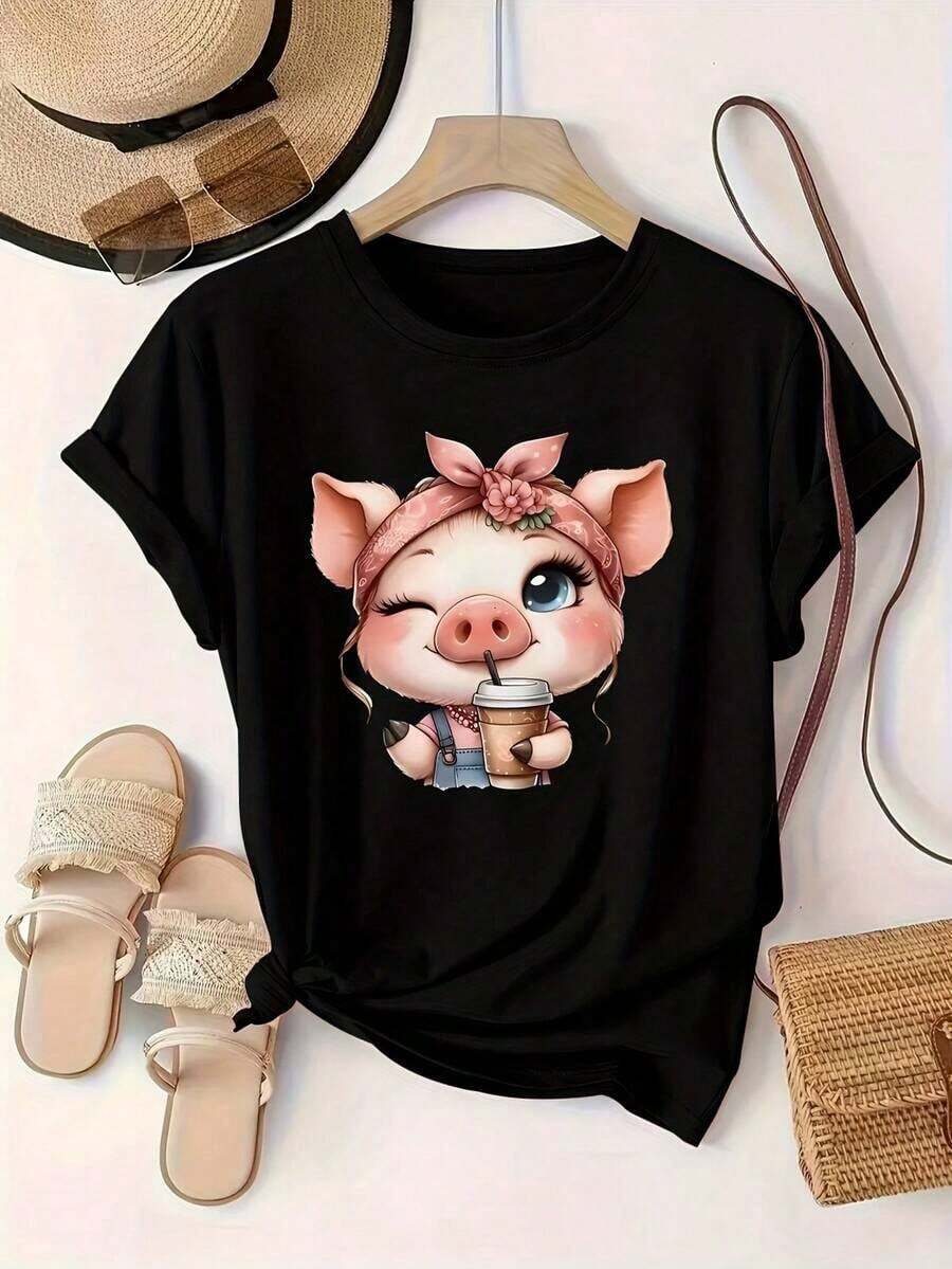 Women's T-Shirt With Cute Pig Design - Breathable Short Sleeve, Round Neck, Casual Top For All Seasons, Soft And Comfortable Fabric, Ideal For Spring, Summer, Autumn And Winter, Women's Clothing - 黑色 - 查看 1