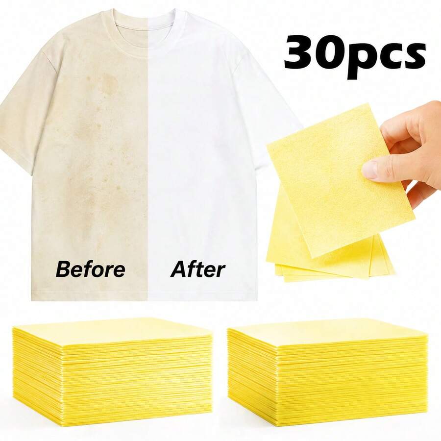 30 miếng giấy làm trắng quần áo, làm sạch dầu mỡ và vết bẩn, thích hợp để giặt quần áo trắng, tương thích với tất cả các loại máy giặt, dùng để giặt quần áo trong gia đình.