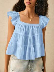 Blusa informal de mujer con volantes en el borde de unicolor - Celeste - Ver 3