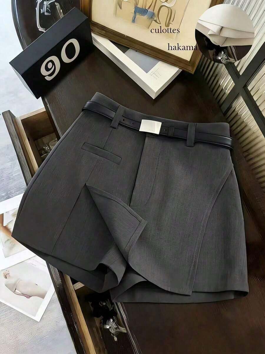 Pantalones cortos de talle alto con abertura y pierna ancha, estilo minimalista francés, tejido gris, adecuados tanto para el trabajo como para uso casual, elegantes, para el verano de las mujeres, ropa casual y elegante para ir a la oficina, versátil y con estilo para el uso diario casual, atuendo profesional urbano para maestros - Gris - Ver 1