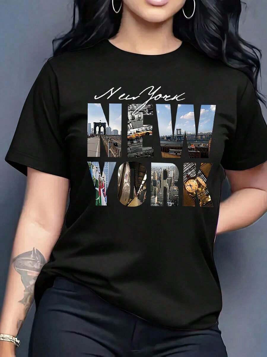 Oversized Casual T-Shirt With "1976 New York" Letter Print, Breathable, Short Sleeve, Crew Neck, Summer T-Shirt For Women, 100% Cotton, Durable - 黑色 - 查看 1