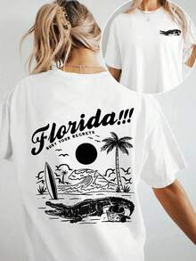 Women's Casual Short Sleeve T-Shirt - "Florida!!" Graphic Print With Palm Tree And Surfboard Design, Loose Fit Crew Neck T-Shirt, Medium Stretch Fabric, All Season Comfort, White With Black Lettering, Beach Essential, Y2k Beach T-Shirt. - 白色 - 查看 10