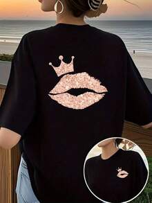 Una camiseta estampada por delante y por detrás con un diseño de corona y labios, esta camiseta casual de manga corta y cuello redondo para mujer es moderna y elegante, con estampados de doble cara.Camiseta Y2k - Blanco - Ver 1