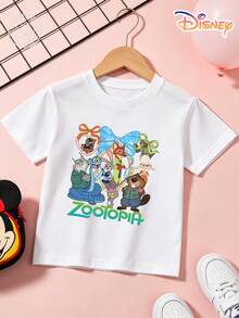 Disney Zootopia Kids T-Shirt, Group Characters With Bow Design, 100% Cotton, No Fade, Unisex For Boys & Girls, Ideal For Theme Park, Family Vacation, Daily Casual Wear & Travel Outfit, Great Children's Day Gift For Kids Ages 4-12 - trắng - Xem 2