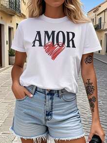 LOVE Spanish Love Print Women's Spring - Summer Short - Crew Sleeve - Casual Neck T-Shirt, Daily Style, Daily Outings, Holiday Gift - 白色 - 查看 1