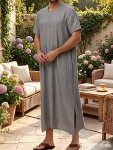 Bata de manga corta musulmana para hombres, bata de casa, bata de vacaciones casual, bata de estilo patio, con bolsillos a ambos lados y bajo con abertura, longitud moderada - Gris - Ver 2