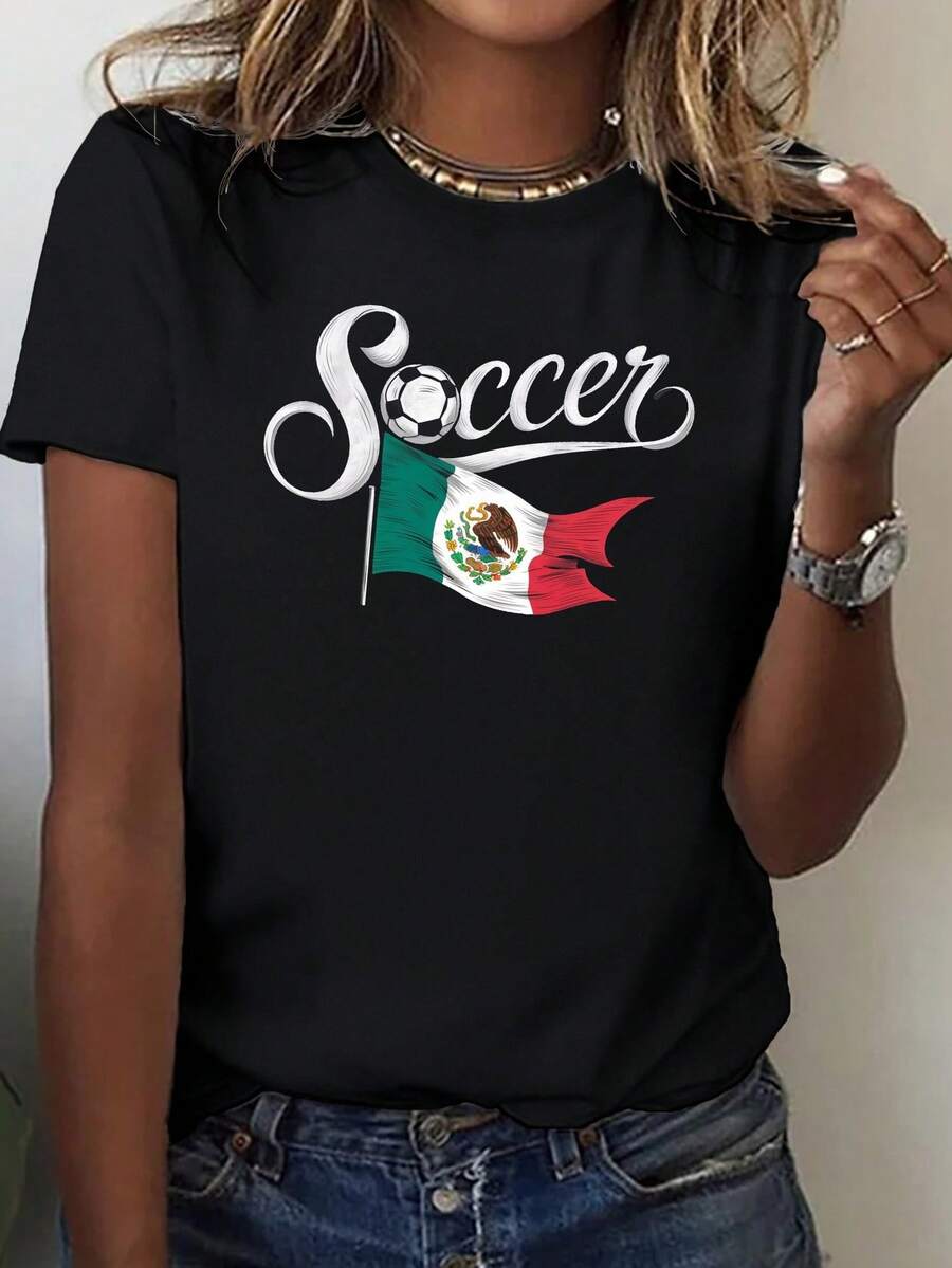 Camiseta de fútbol y bandera de México para mujer, cómoda y ajustada - Negro - Ver 1