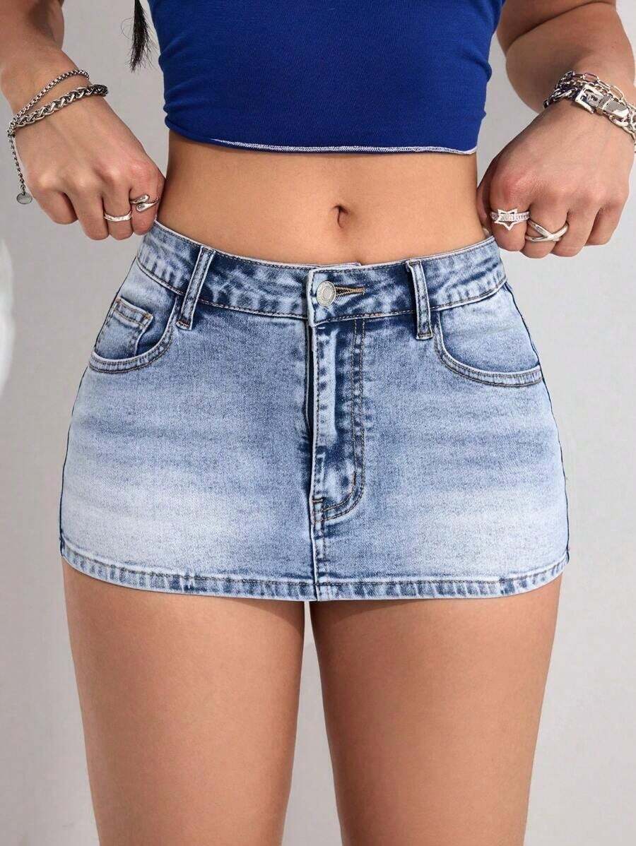 Minifalda vaquera con bolsillos y cremallera, de uso casual y para el diario, de moda - Lavado ligero - Ver 1