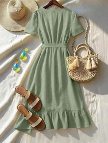 Vestido elegante de media longitud con cuello en V con volantes y ajustado para vacaciones para mujer de talla estándar - Verde - Ver 2