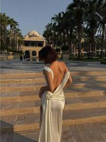 Spring And Summer Europe And The United States New High-Quality Satin Temperament Flower Dress Slit Long Skirt - 白色 - 查看 1