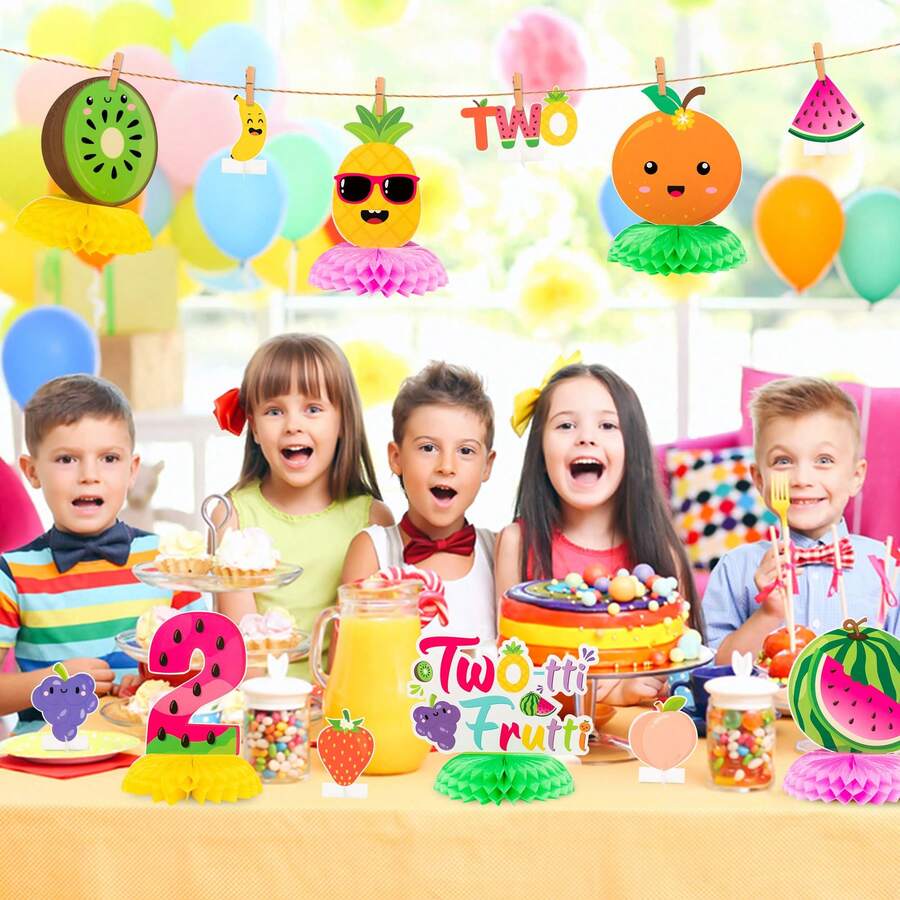 12 piezas de mantel decorativo con centro de panal de papel, decoración de frutas de verano hawaiano como sandía, piña y fresa para fiesta, centro de mesa de fiesta de cumpleaños - Multicolor - Ver 1