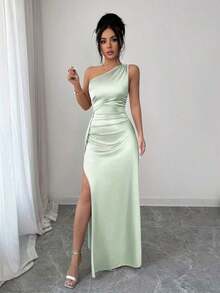 Vestido de noche largo y sexy para mujer con un hombro, cintura fruncida y abertura alta, de satén de lujo, nuevo para el verano de 2026 - verde menta - Ver 3