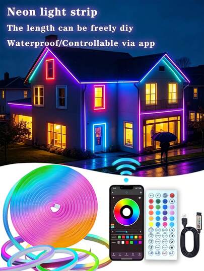 1 chiếc dây đèn neon, dải đèn LED neon linh hoạt RGB, điều khiển thông minh qua APP với điều khiển từ xa 44 phím, thiết kế DIY, dây đèn trang trí trong nhà và ngoài trời, phù hợp cho nhà bếp, phòng ngủ và không khí tiệc tùng, nhà bể bơi, cắm trại, dải đèn trang trí ngoài trời