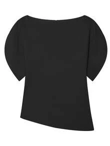 Spring/Summer New Asymmetric Hem Boat Neck Petal Sleeve Cinched Waist Short Sleeve Top, Hidden Back Zipper, Elegant Luxury Niche Minimalist Design Black - Black - View 6